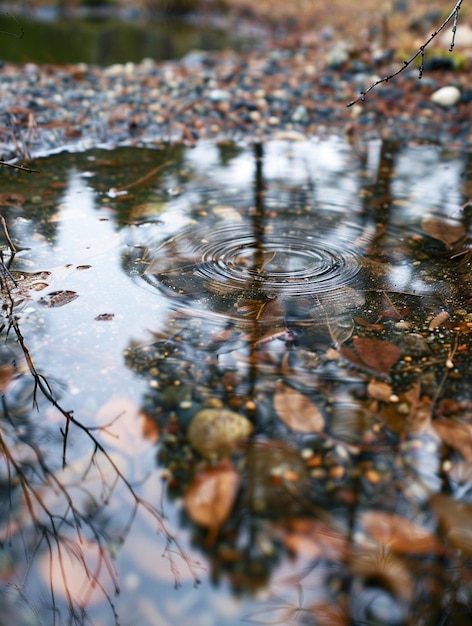 Tranquil Reflections Raindrops on a Serene Puddle with Autumn Leaves