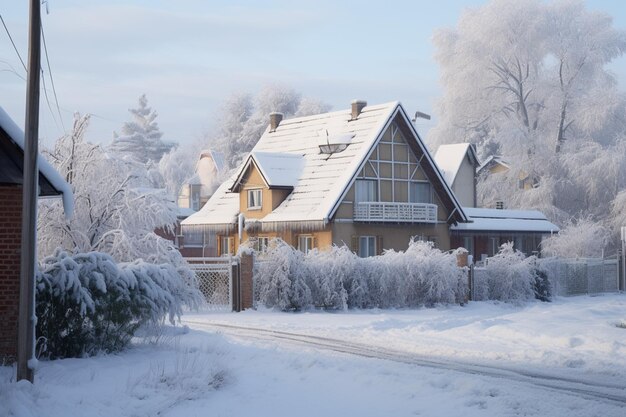 Tranquil residential area adorned with frost on a serene winter morning