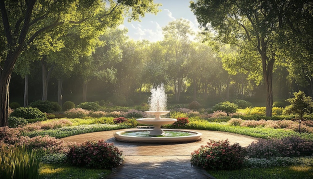 Photo tranquil retreat fountain amidst flourishing garden