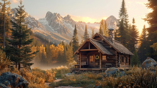 Photo tranquil retreat in rustic mountain cabin surrounded by alpine forest and snowy peaks aig59