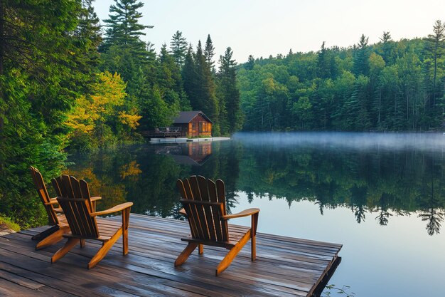 Photo tranquil retreat serene lakeside cabin inviting relaxation and peaceful escapes