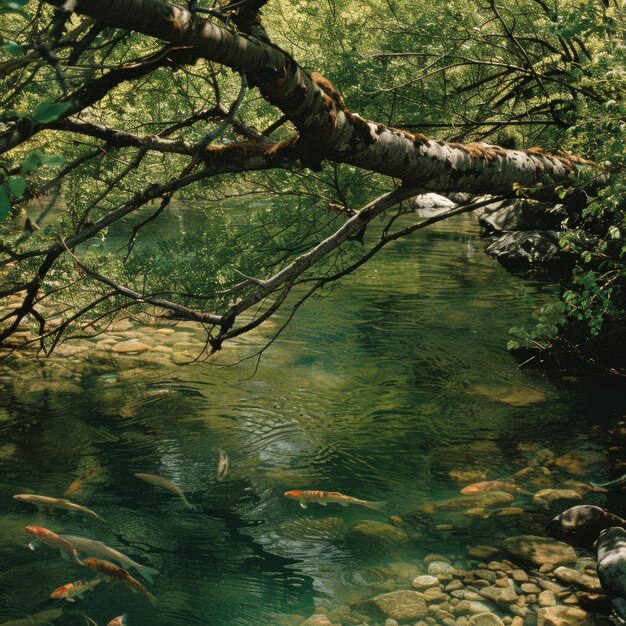 Photo tranquil river scene with lush foliage and fish swimming below