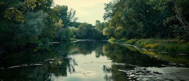 Photo tranquil river scene with lush green trees on a cloudy day