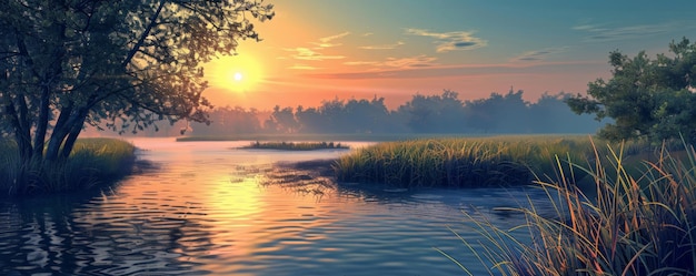 A tranquil riverside at dusk background with glowing reflections calm waters and the textures of