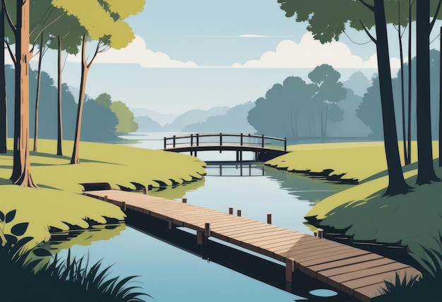 A tranquil riverside scene with a wooden footbridge