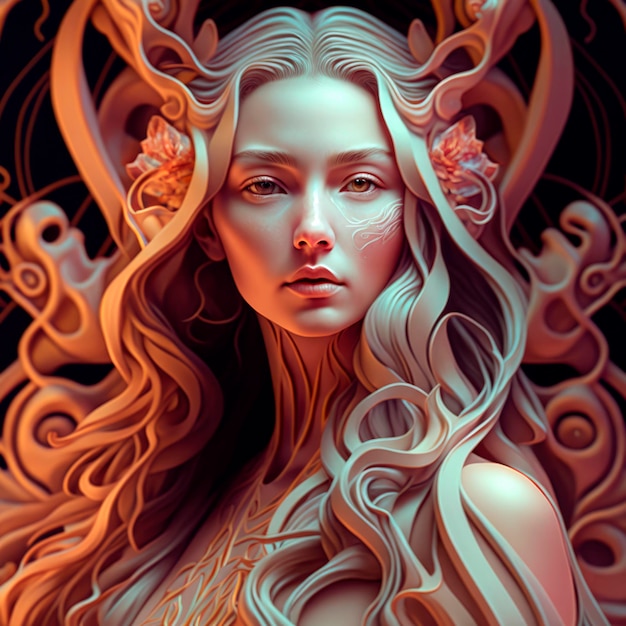 Tranquil Rococo Beauty Innocence and Elegance Captured in a ReddishOrange Hued Portrait of a Gorgeous Woman with Flowing White Hair and Liquid Fractal Details