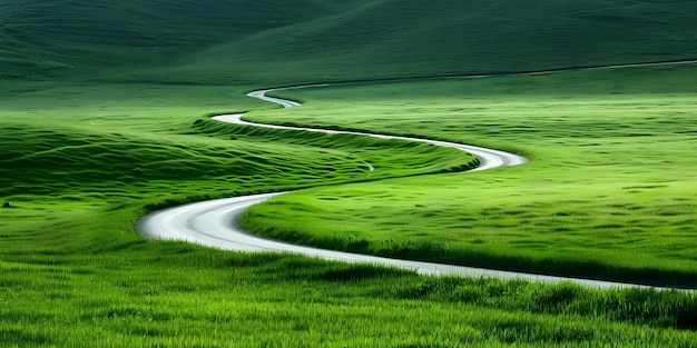 Tranquil rural landscape with green meadow and winding country road Concept Nature Rural Landscape Green Meadow Country Road Tranquil Environment