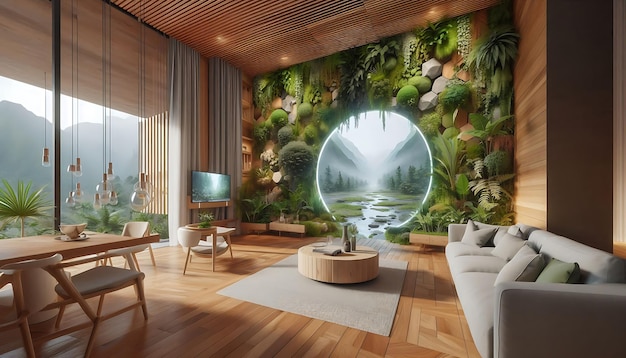 Tranquil Sanctuary Biophilic Living Room with Green Walls Natural Materials and Virtual Reality