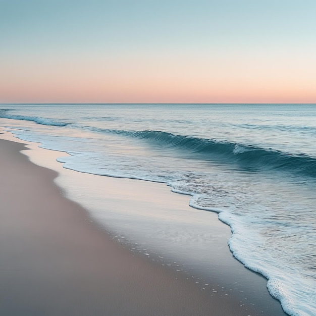 Tranquil sandy beach with gentle waves at sunrise