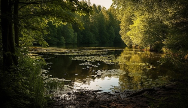 Tranquil scene of autumn leaves reflecting on pond generated by AI