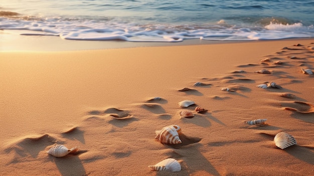 A tranquil scene of a calm beach with seashells and footprints in the sand