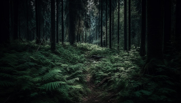 Tranquil scene of a dark forest with a mysterious footpath generated by AI