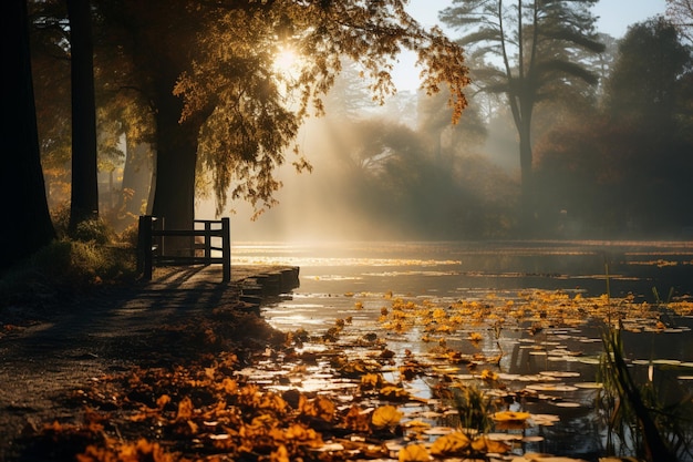 Photo tranquil scene of fall leaves and fog fall background wallpaper landscape autumn leaves