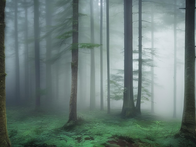 A tranquil scene of a foggy forest with green trees