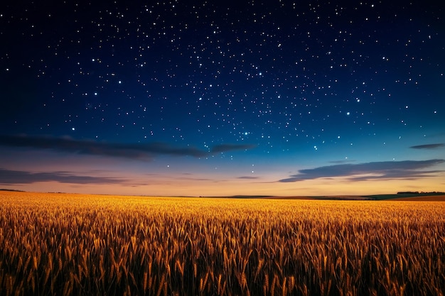 Photo a tranquil scene of a golden wheat field bathed in the soft glow of a starry night sky evoking