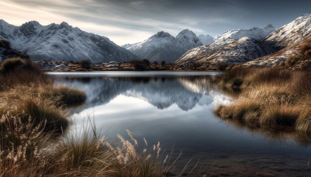 Tranquil scene of majestic mountain range reflected in tranquil water generated by artificial intelligence