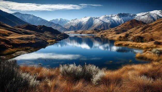 Tranquil scene of majestic mountain range reflected in tranquil water generated by artificial intelligence