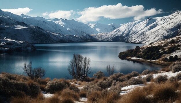 Tranquil scene of majestic mountain range reflected in tranquil water generated by artificial intelligence