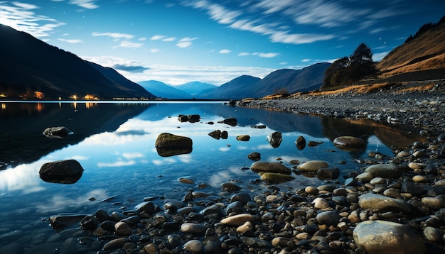 Tranquil scene of a majestic mountain range reflecting in water generated by artificial intelligence