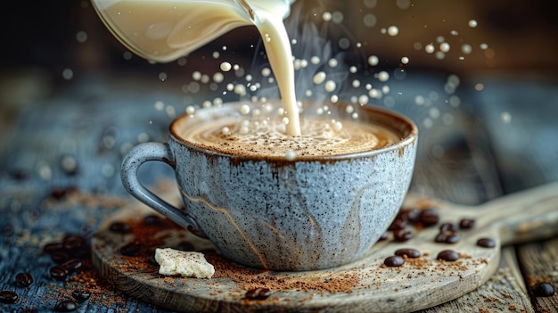 Photo a tranquil scene of milk being poured into a cup of coffee blending together with elegance