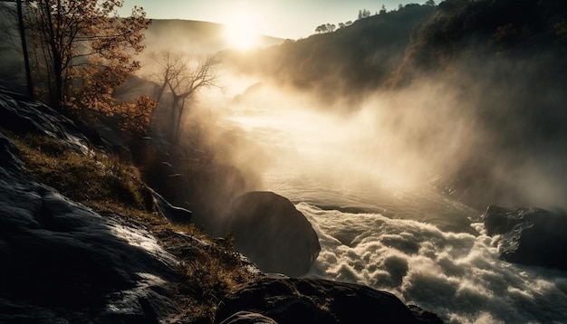 Tranquil scene of mountain peak at dawn generated by AI