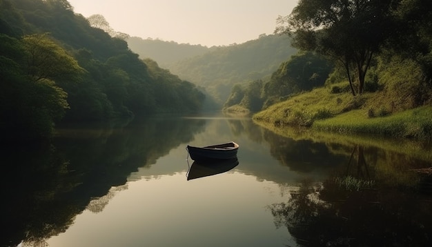 Tranquil scene of a mountain reflecting in pond generated by AI