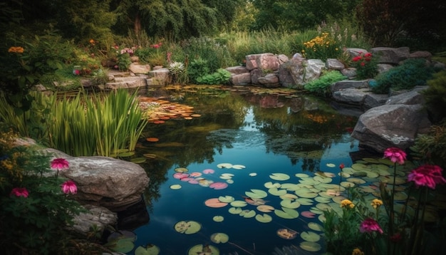 Tranquil scene of multi colored flowers reflect in peaceful pond water generated by artificial intelligence