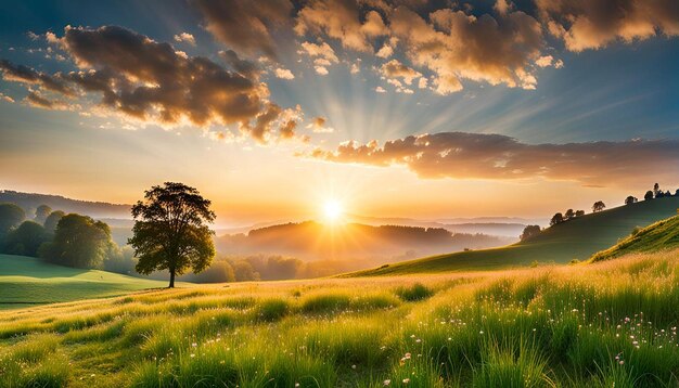 A tranquil scene of a peaceful meadow at sunrise