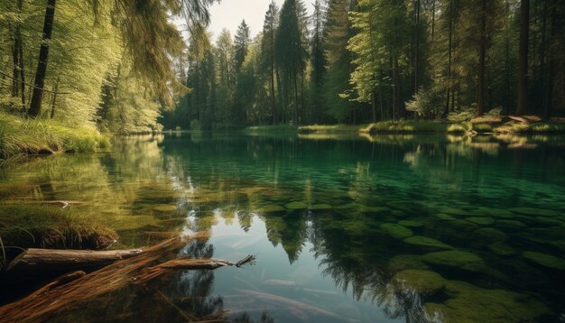 Tranquil scene of reflection in mountain pond generated by AI