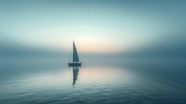 A tranquil scene of a sailboat on calm waters with a soft sunrise glow