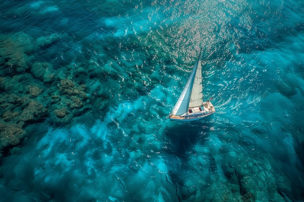 Photo a tranquil scene of a sailboat gliding across crystalclear turquoise waters sailboat navigating through azure waters from aerial view