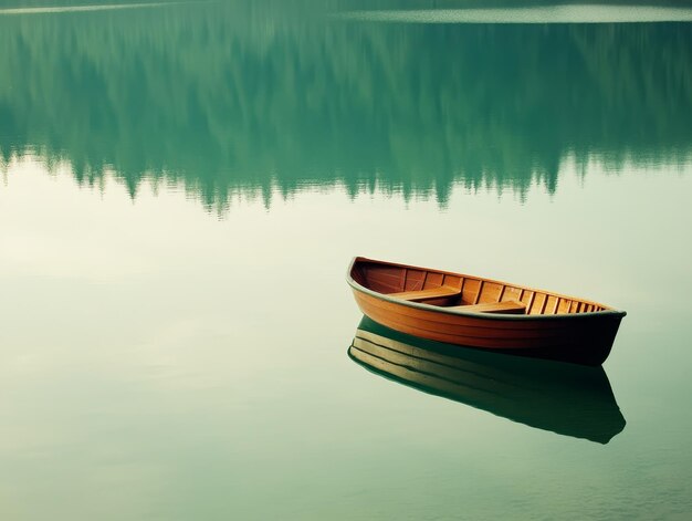 Tranquil scene solitary boat adrift on serene green lake waters creating a peaceful image