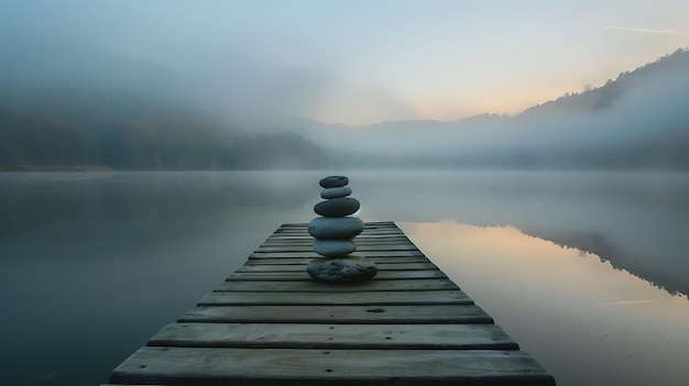 Photo tranquil scene of stone arrangement on a pier at dawn surrounded by fog over the lake