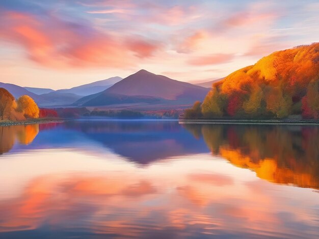 Tranquil scene sunset over water reflecting vibrant autumn mountain range