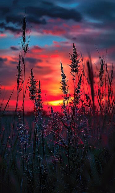 Photo a tranquil scene of a sunset with wildflowers in a mountainous landscape generate ai