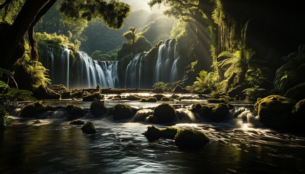 Tranquil scene of a tropical rainforest flowing water and green foliage generated by artificial intelligence