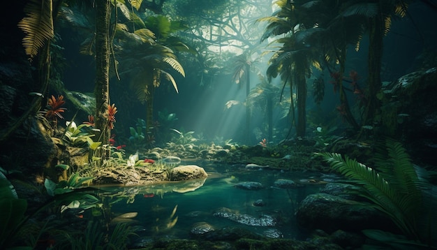 A tranquil scene in the tropical rainforest generated by AI