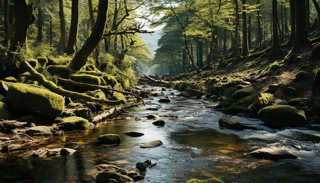 Tranquil scene of a wet autumn forest flowing water and green foliage generated by artificial intelligence