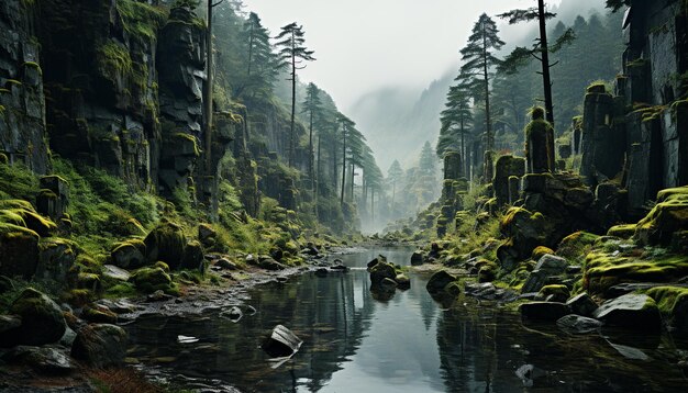 Tranquil scene of a wet forest with flowing water and green foliage generated by artificial intelligence