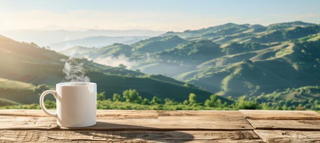 Tranquil scene white coffee mug on wooden table with steam natural green landscape background