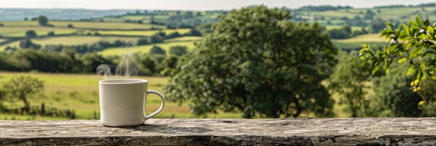 Tranquil scene white coffee mug on wooden table with steam natural green landscape in background