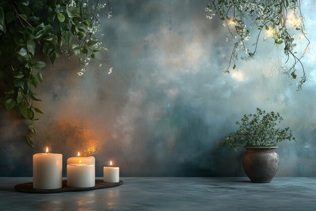 Photo tranquil scene with lit candles and potted plant on textured background