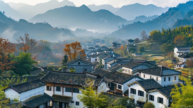 Tranquil Scenery of Chengkan Village in Huizhou District with Mount H