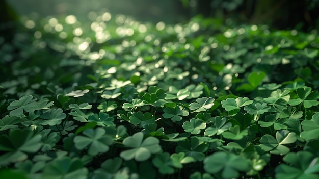 A tranquil sea of clover leaves bathed in the soft glow of dappled sunlight evoking serenity