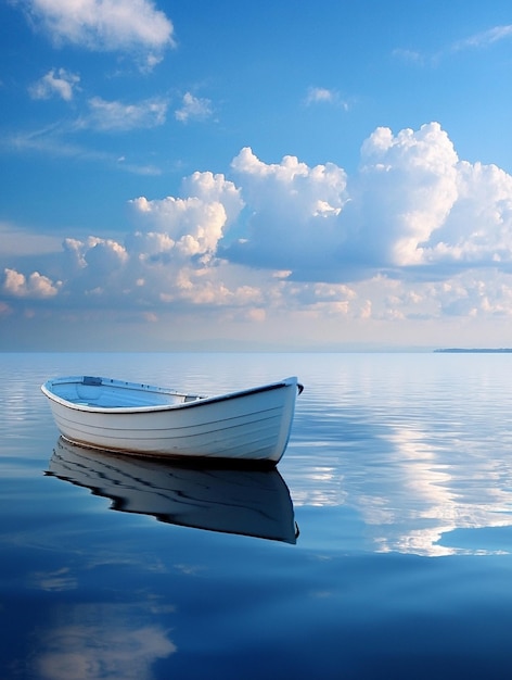 Tranquil Seascape with Isolated Rowboat and Reflective Waters