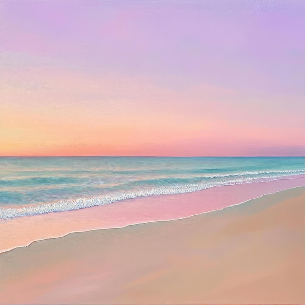 A tranquil seascape with a soft pink sky and the ocean meeting the sandy beach