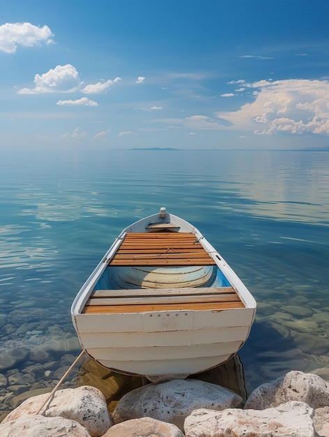 Tranquil Seascape with a Wooden Boat on Calm Waters