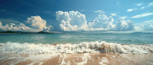 Tranquil Seaside Escape with Clear Skies and Fluffy Clouds