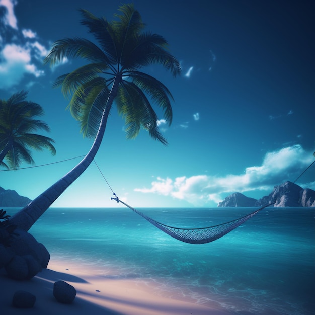 Tranquil Serene Beach Scene with Blue Background