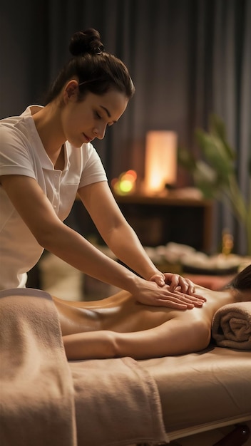 Photo a tranquil and serene massage scene of a professional masseuse gently kneading a clients weary musc